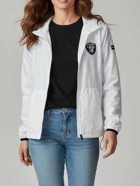 DKNY X RAIDERS White Hooded Bomber Jacket